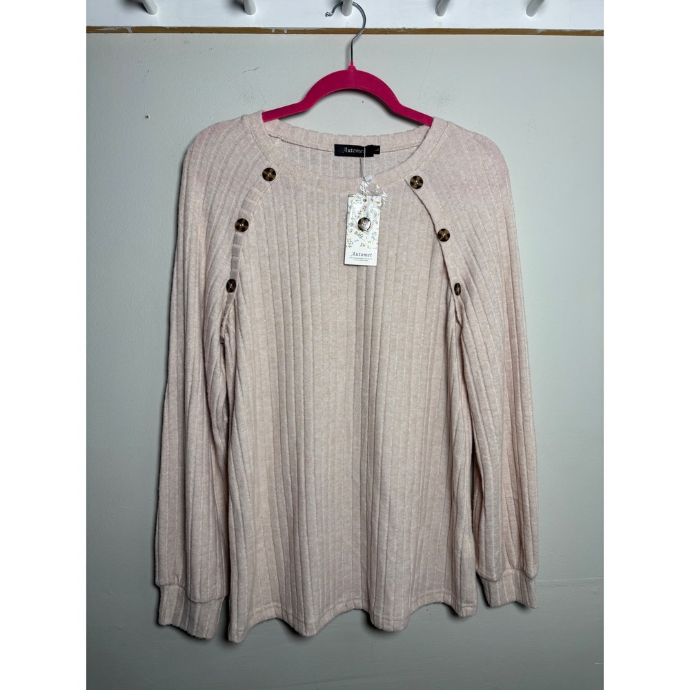Automet Blush Pink Ribbed Knit Button Shoulder Top Womens Large NWT